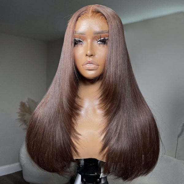  Straight Chocolate Brown Color Layered Cut Wear Go Glueless Wig