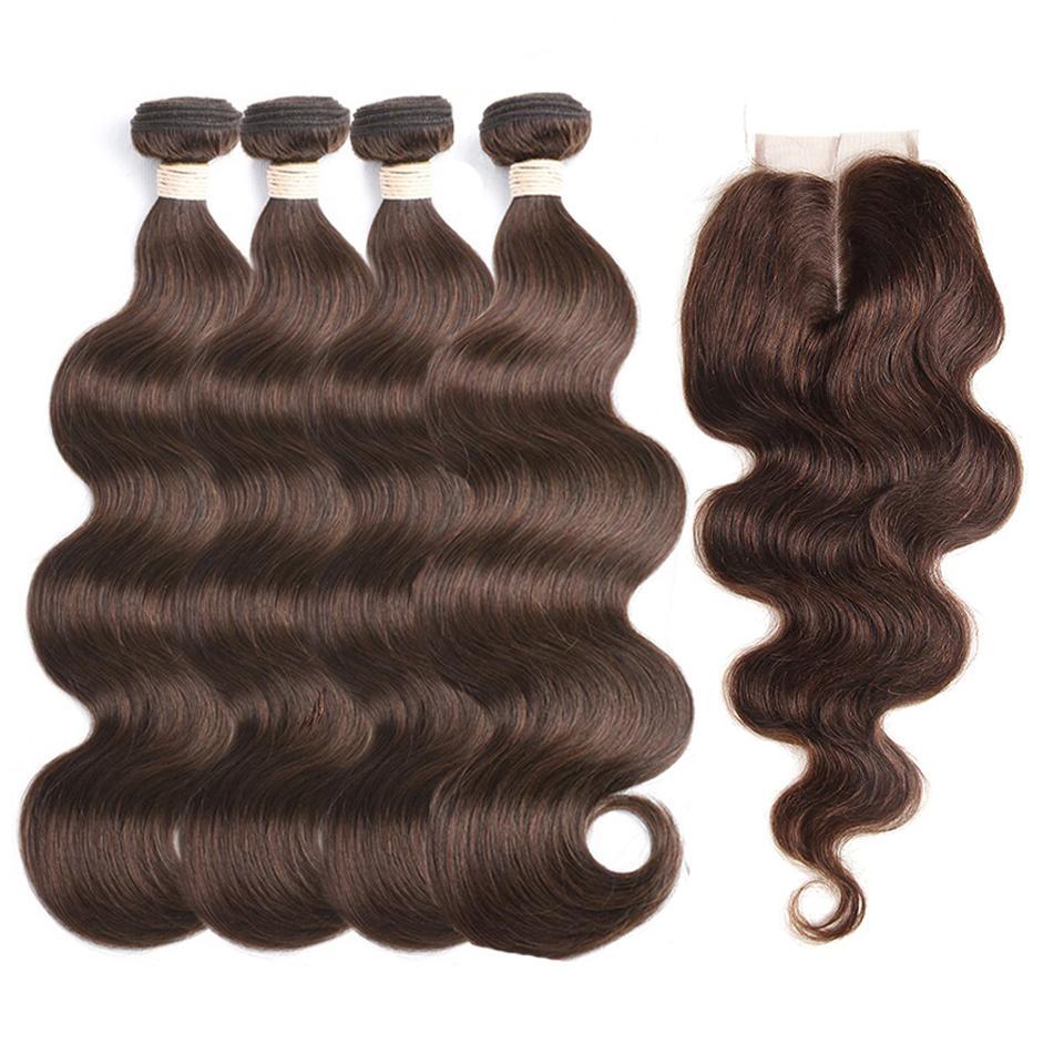  #4 Brown Body Wave 4 Bundles With 4x4 Lace Closure Pre Colored human hair