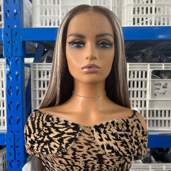 Pre-cut Lace Brown Wig With Blonde Highlight Wear Go Glueless Wig Straight 7x5 Lace Wig Preplucked with Natural Hairline