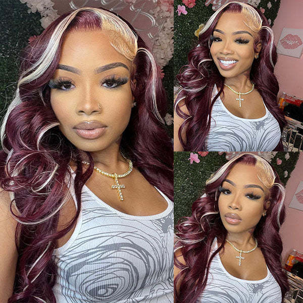 Red Wine and Blonde Skunk Stripe Color Wig Straight 13x4 Lace Front Wig Made of 100% Human Hair