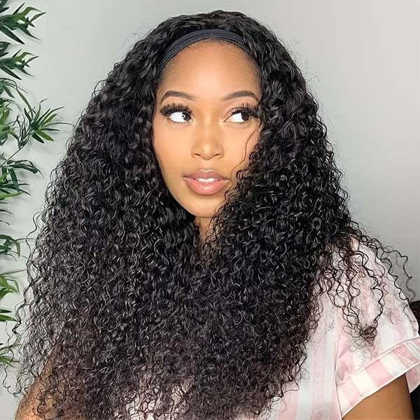  Kinky Curly Headband Wig Human Hair Scarf Wig No Gel No Glue Jerry Curl Hair Wig With Headband