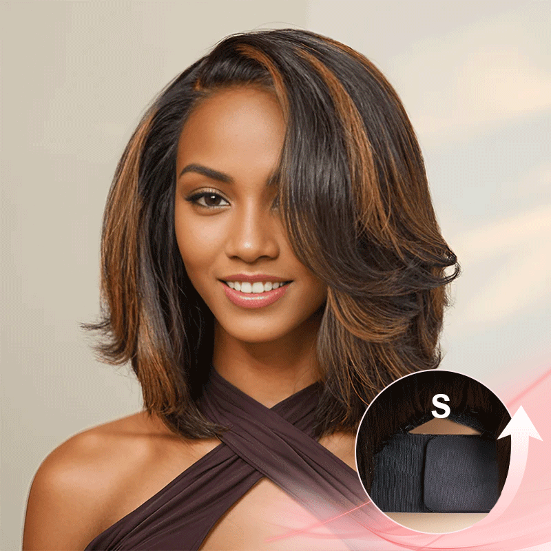 Glueless Layered Highlight Brown 7x4 Bob Wig Glueless Wavy 250% Density