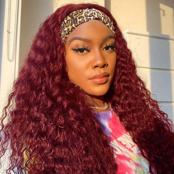  99J Curly Headband Wig Human Hair No Gel No Glue Water Wave Wig with Free Headband 180% Density