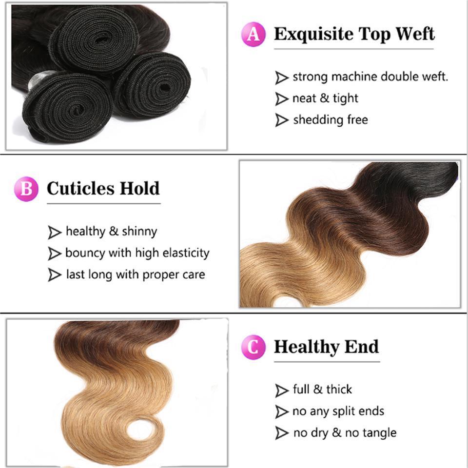  Hair 2 Bundles Ombre 1b/4/27 Color Body Wave Virgin Human Hair Extension