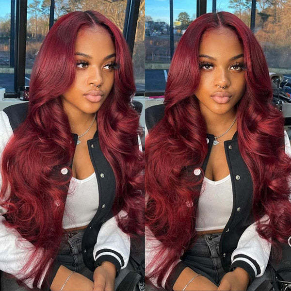 Pre-cut Lace Wig Body Wave Hair 99J Burgundy Color Wear Go Glueless Wig 7x5 Lace Wig Preplucked with Natural Hairline