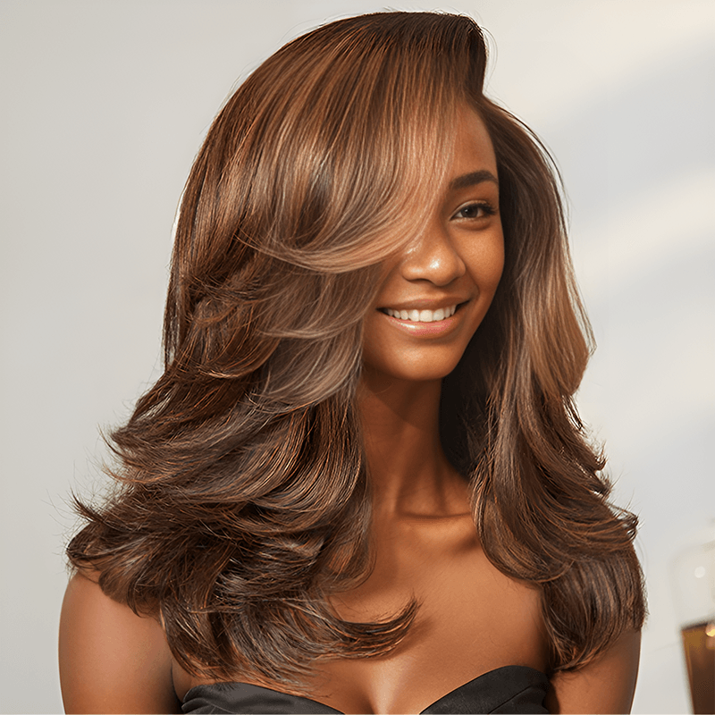 Guleless Pre-Layered Cut Wig 13x4 Color Highlights Brown Bob Glueless Wavy Shoulder Length