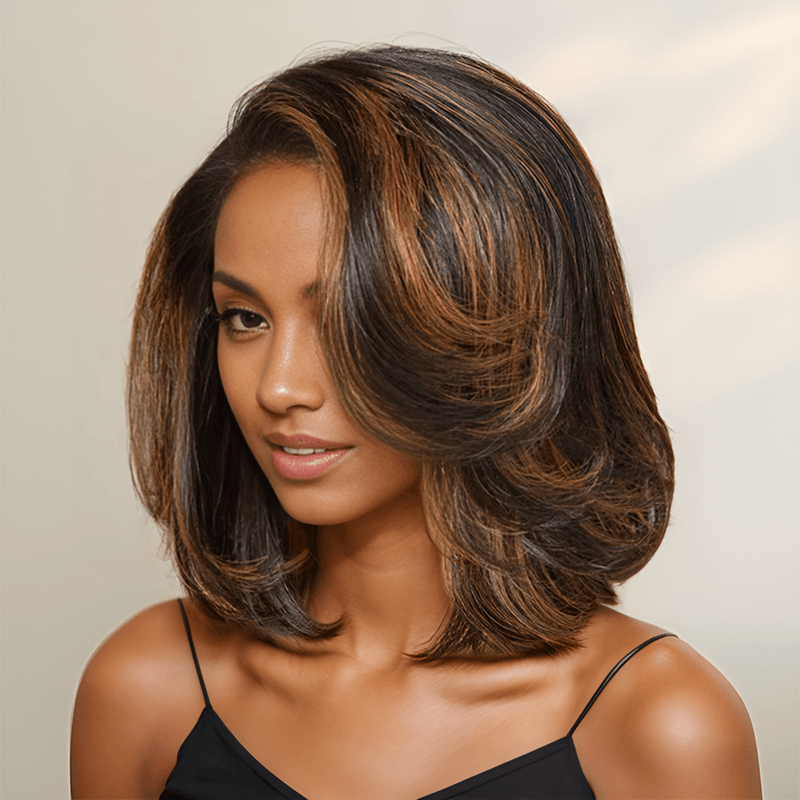 Glueless Layered Highlight Brown 7x4 Bob Wig Glueless Wavy 250% Density