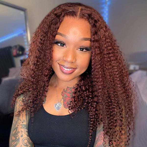  Kinky Curly Reddish Brown Wear Go Glueless Wig Pre-cut 7x5 Lace Wig Pre-plucked Hairline