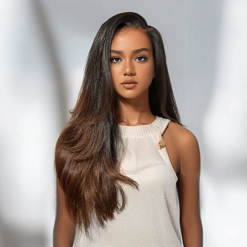 Glueless Layered Ombre Brown Volume Effect Yaki Straight 7x4 Glueless Wig Adjustable Cap