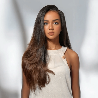 Glueless Layered Ombre Brown Volume Effect Yaki Straight 7x4 Glueless Wig Adjustable Cap