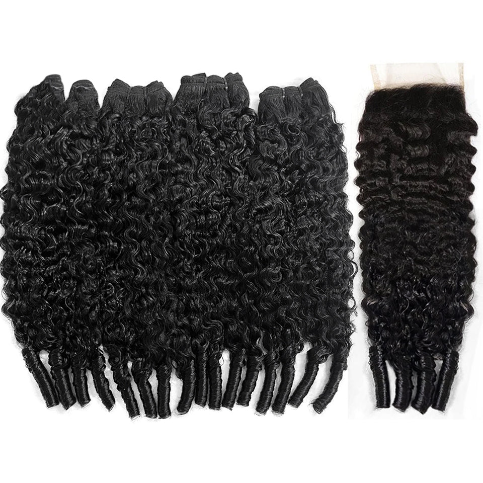  Hair Natural Black Burmese Curly 4 Bundles with 4x4 Lace Closure For Woman