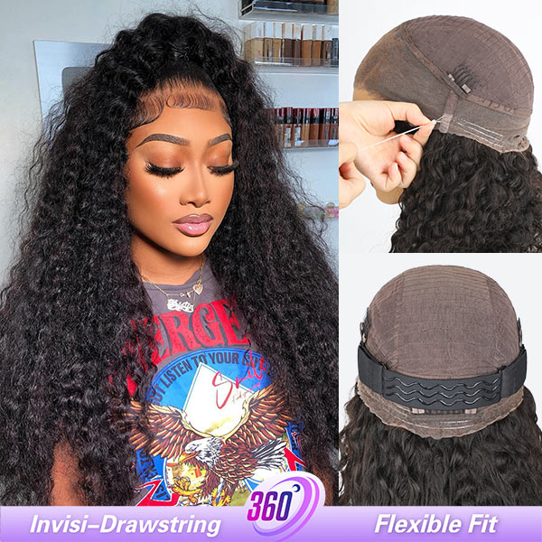 Kinky Curly Invisi-Drawstring Pre-Cut 360 Lace Glueless Wig With Bleached Knots Pre-Plucked Hairline