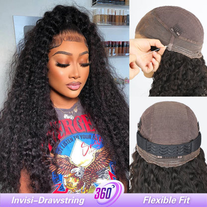Kinky Curly Invisi-Drawstring Pre-Cut 360 Lace Glueless Wig With Bleached Knots Pre-Plucked Hairline