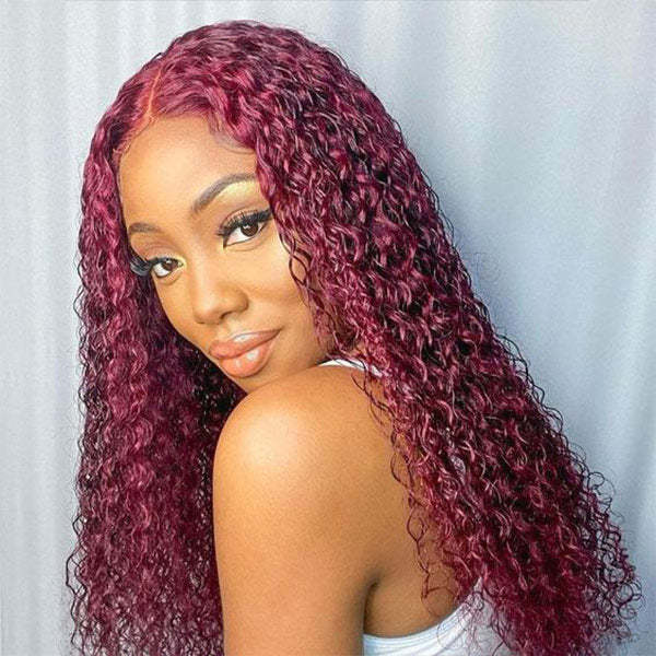 Glueless Color Wigs Water Wave 99J Burgundy Color Wear Go Glueless Wig Pre-cut Lace Wig Preplucked 7x5 Lace Wig
