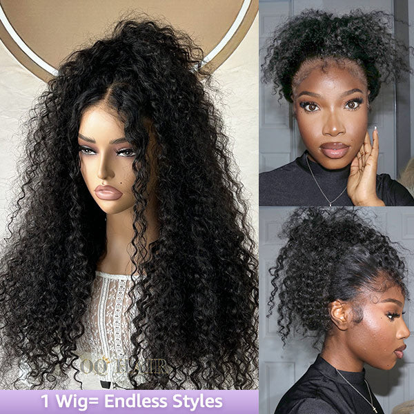 Kinky Curly Invisi-Drawstring Pre-Cut 360 Lace Glueless Wig With Bleached Knots Pre-Plucked Hairline