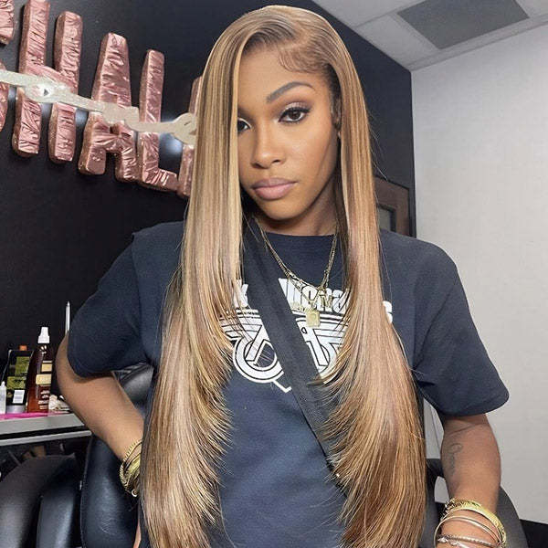  Layered Cut Straight Brown Highlight Ombre Pre-cut Lace Wear Go Glueless Wig