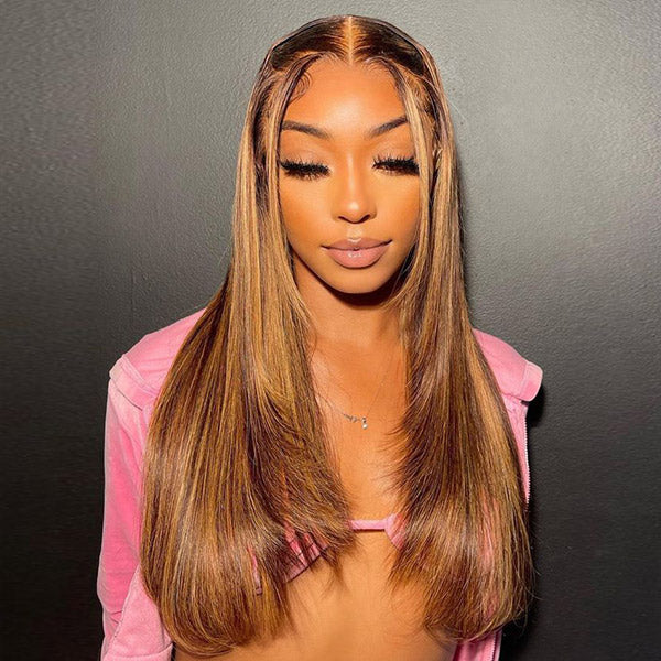  Layered Cut Straight Brown Highlight Ombre Pre-cut Lace Wear Go Glueless Wig