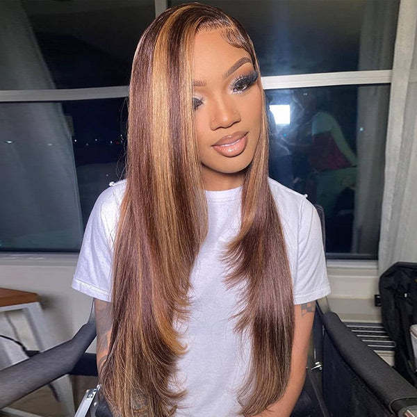  Layered Cut Straight Brown Highlight Ombre Pre-cut Lace Wear Go Glueless Wig