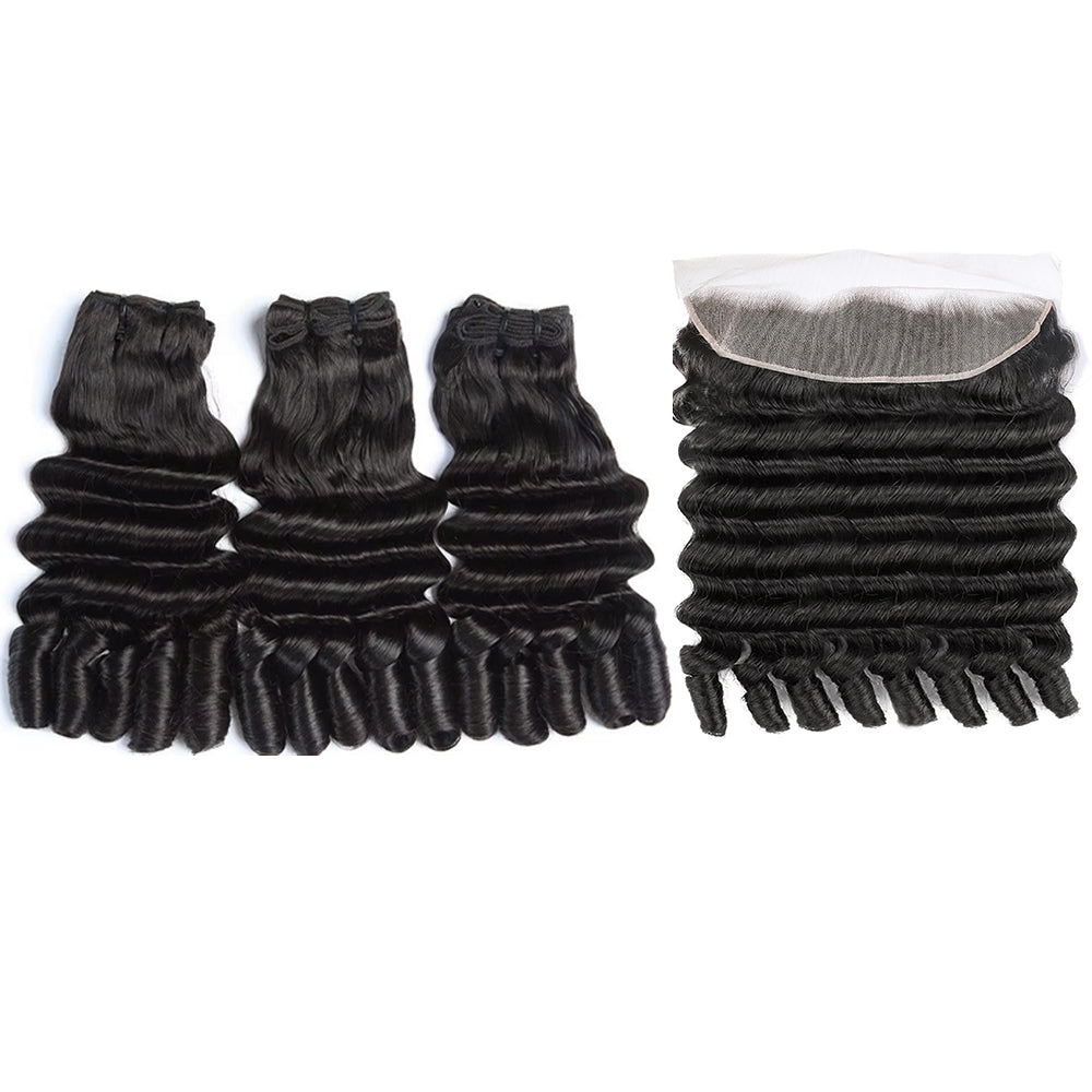  Funmi Loose Deep 3 Bundles with 13x4 Frontal HD Lace Burmese Curly Human Hair for Women