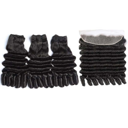  Funmi Loose Deep 3 Bundles with 13x4 Frontal HD Lace Burmese Curly Human Hair for Women