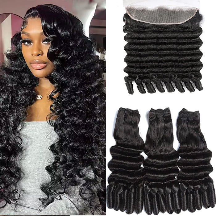  Funmi Loose Deep 3 Bundles with 13x4 Frontal HD Lace Burmese Curly Human Hair for Women
