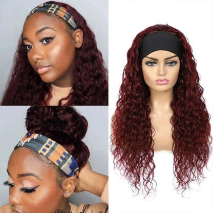  99J Curly Headband Wig Human Hair No Gel No Glue Water Wave Wig with Free Headband 180% Density