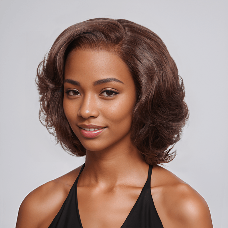 13x4 Glueless Layered Chocolate Brown Color Bob Wig Glueless Wavy