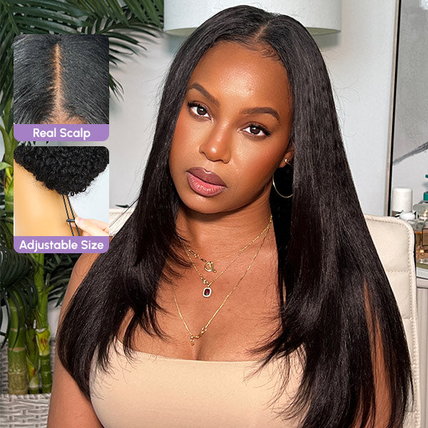 Kinky Straight Natural Black Elastic Drawstring Glueless No Leave Out V Part Wig