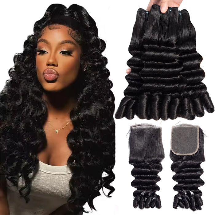  Burmese Curly Funmi Loose Deep 3 Bundles with 4x4 Lace Closure Human Hair Extension