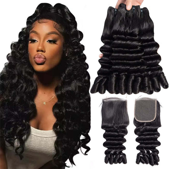  Burmese Curly Funmi Loose Deep 3 Bundles with 4x4 Lace Closure Human Hair Extension