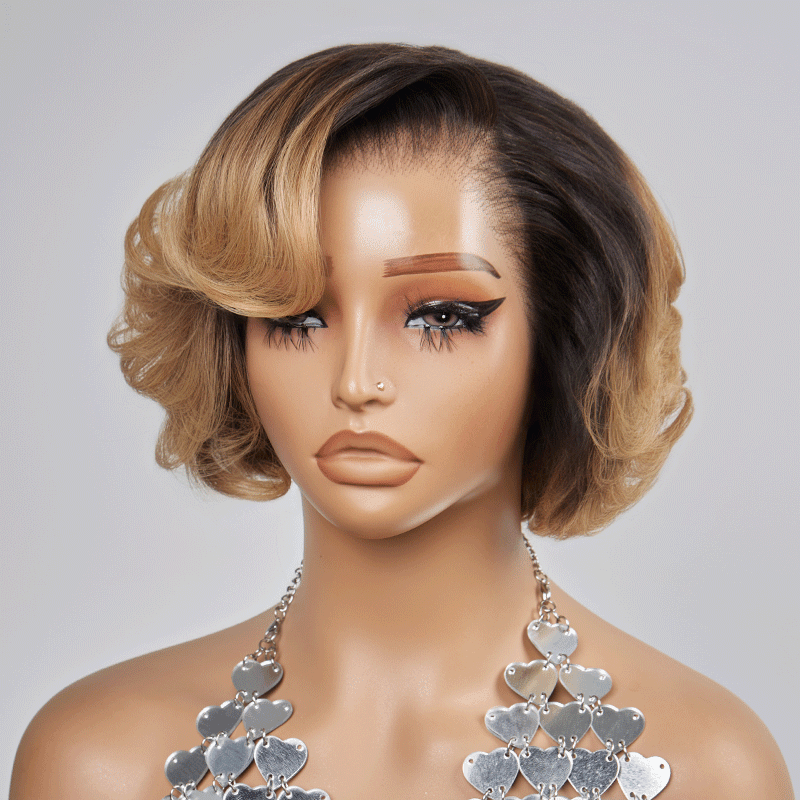13x4 Glueless Blonde Color Ombre Layered Bob Wig Glueless Wavy