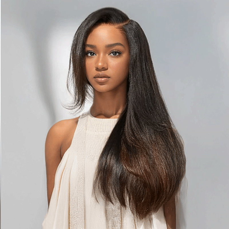 Glueless Layered Ombre Brown Volume Effect Yaki Straight 7x4 Glueless Wig Adjustable Cap