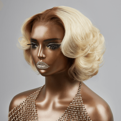 Natural Curls Glueless 13x4 Wig Ash Blonde Ombre Color Layered Bob Lace Pre-Cut Wavy