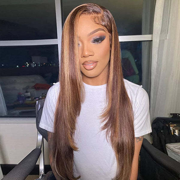  Layered Cut Straight Brown Highlight Ombre Pre-cut Lace Wear Go Glueless Wig