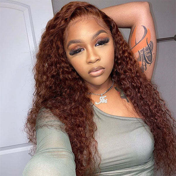 Autumn Vibe Reddish Brown Color Water Wave Human Hair 13x4 4x4 Skin Melt Lace Front Wigs