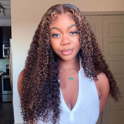  M-cap Kinky Curly 4/27 Highlight Pre Cut 9x6 Lace Wear Go Glueless Wigs Invisible Knots Human Hair Wig