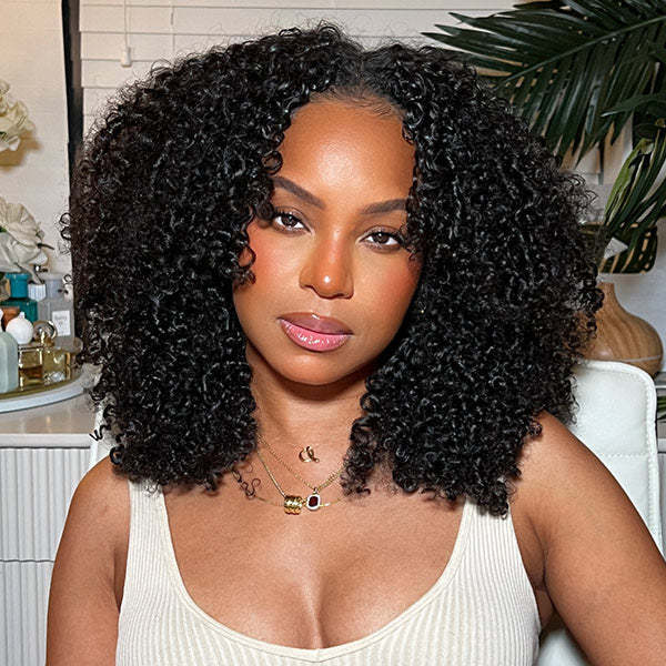 Afro Curly V Part Wig No Leave Out Thin Part Glueless Wigs Human Hair Wig