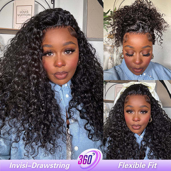  Water Wave Invisi-Drawstring Flexible Fit 360 Lace Frontal Glueless Wig With Bleached Knots