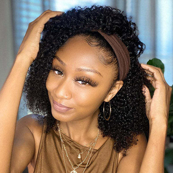  Afro Curly Headband Wig No Gel No Glue Human Hair Glueless Wig With Scarf