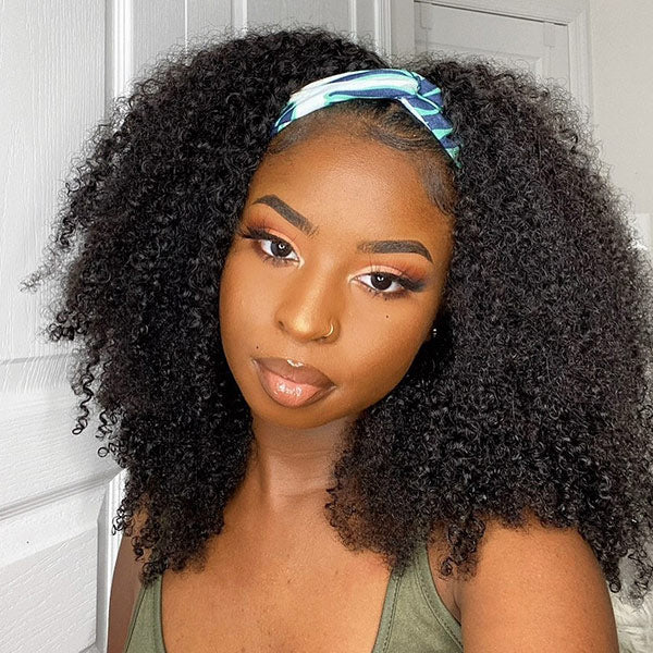  Afro Curly Headband Wig No Gel No Glue Human Hair Glueless Wig With Scarf