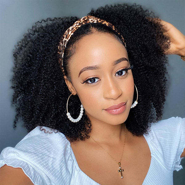  Afro Curly Headband Wig No Gel No Glue Human Hair Glueless Wig With Scarf