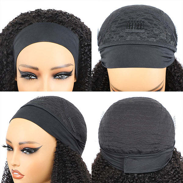  Afro Curly Headband Wig No Gel No Glue Human Hair Glueless Wig With Scarf