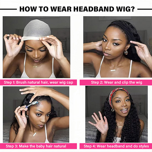  Afro Curly Headband Wig No Gel No Glue Human Hair Glueless Wig With Scarf