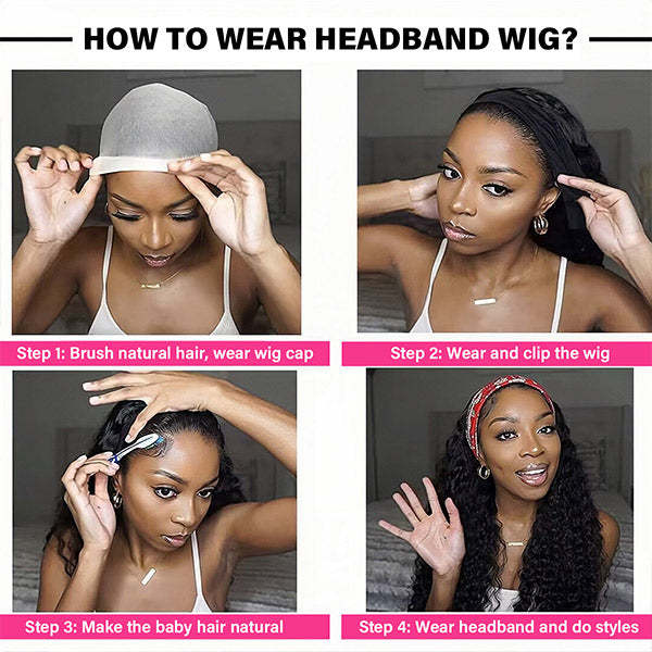  Afro Curly Headband Wig No Gel No Glue Human Hair Glueless Wig With Scarf