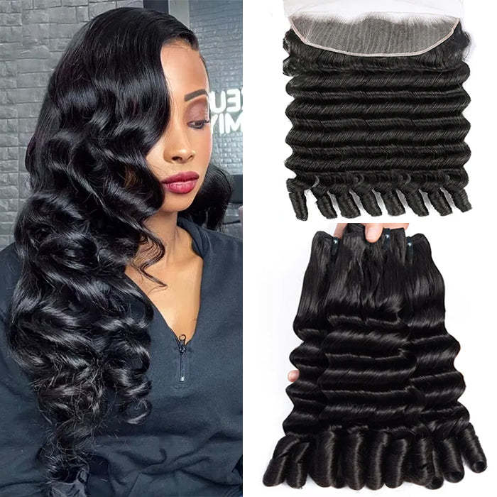  Burmese Curly Natural Black Funmi Loose Deep 4 Bundles With 13x4 Lace Frontal Human Hair