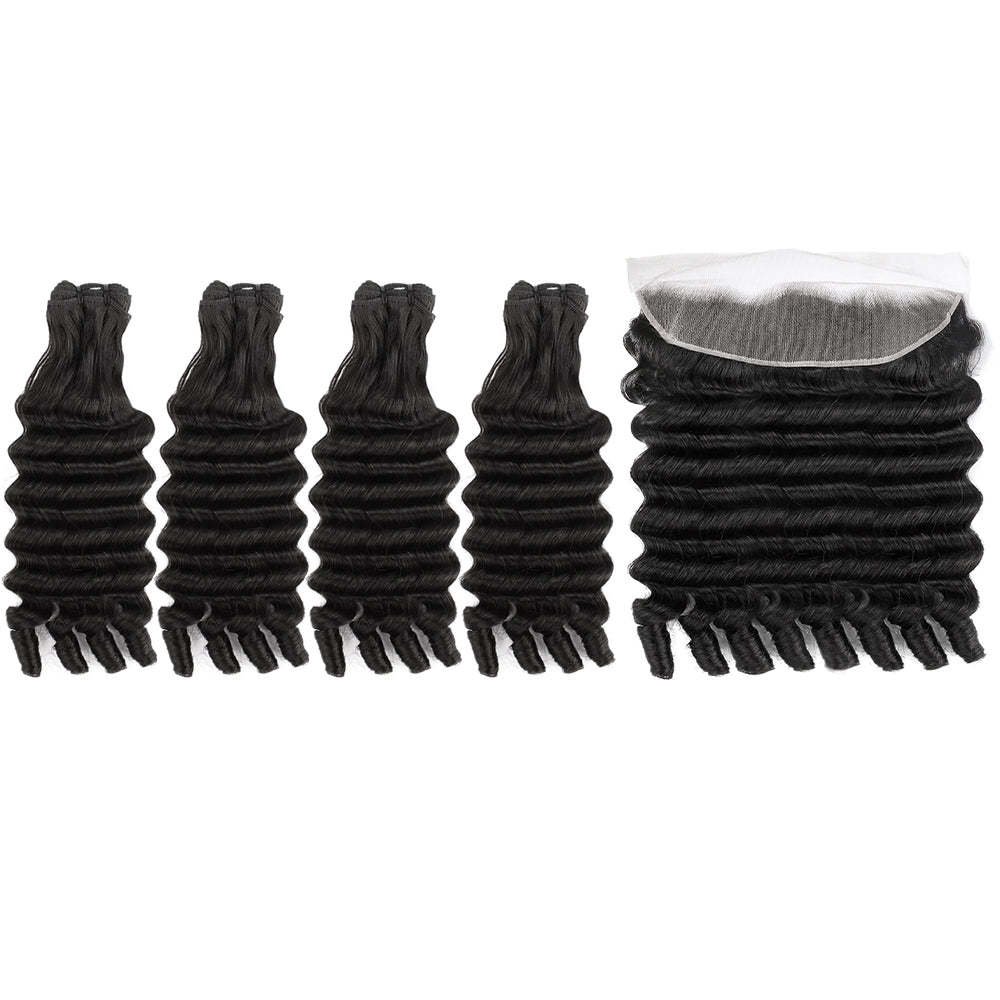 Burmese Curly Natural Black Funmi Loose Deep 4 Bundles With 13x4 Lace Frontal Human Hair