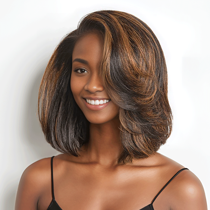 Glueless Layered Highlight Brown 7x4 Bob Wig Glueless Wavy 250% Density