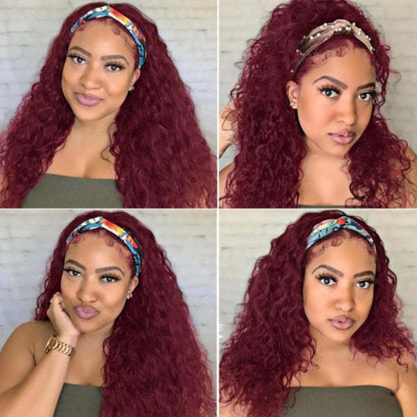  99J Curly Headband Wig Human Hair No Gel No Glue Water Wave Wig with Free Headband 180% Density