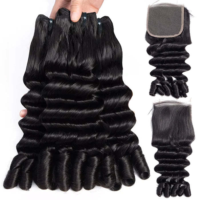  Hair Burmese Curly Funmi Loose Deep 4 Bundles with 4x4 Lace Closure Natural Black For Woman