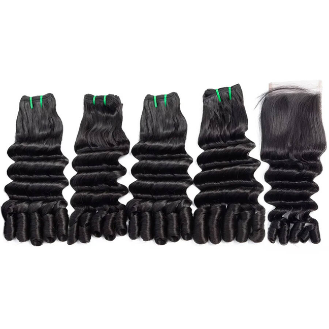  Hair Burmese Curly Funmi Loose Deep 4 Bundles with 4x4 Lace Closure Natural Black For Woman